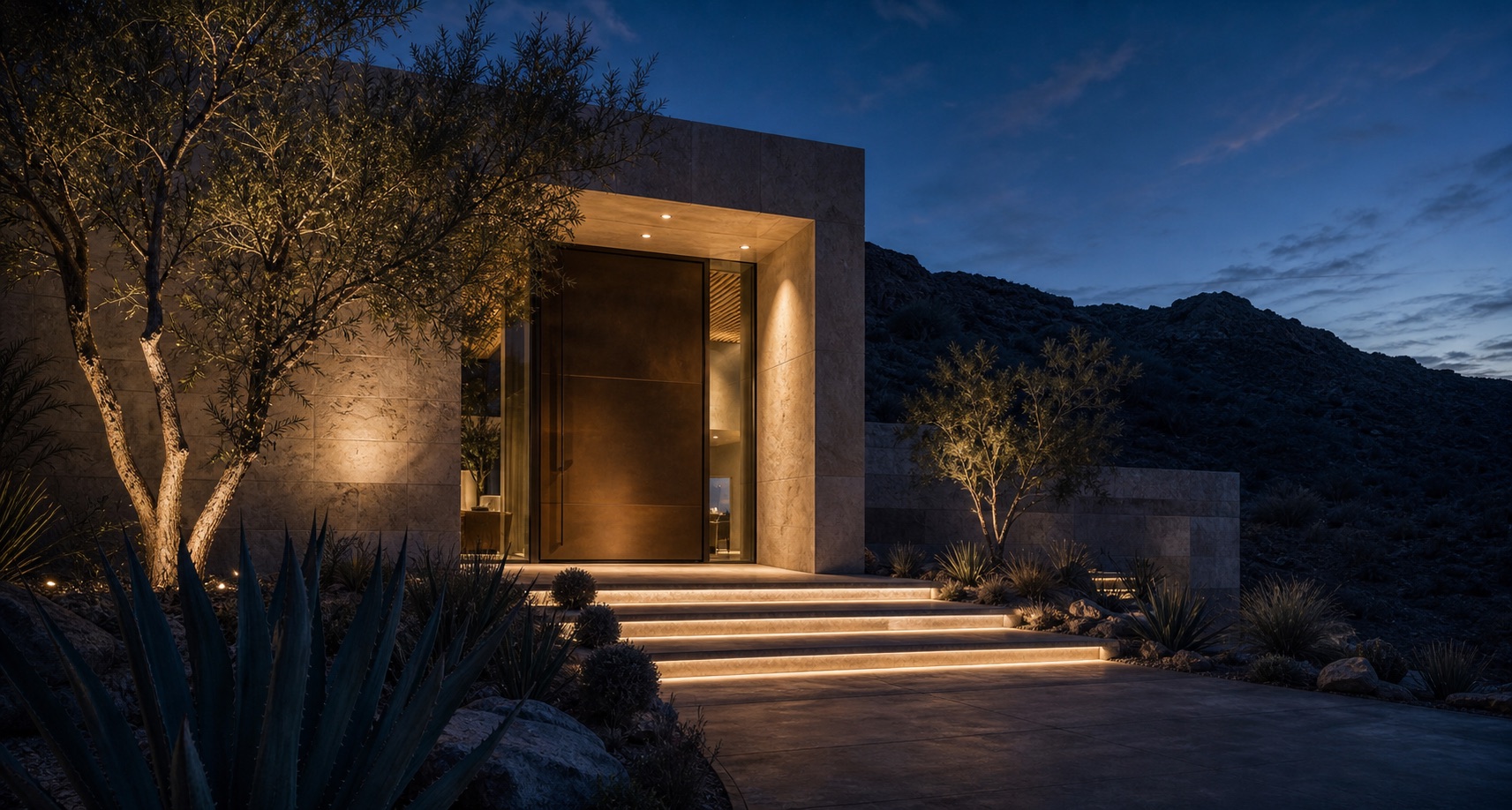 Welcoming bronze and limestone property entrance at dusk