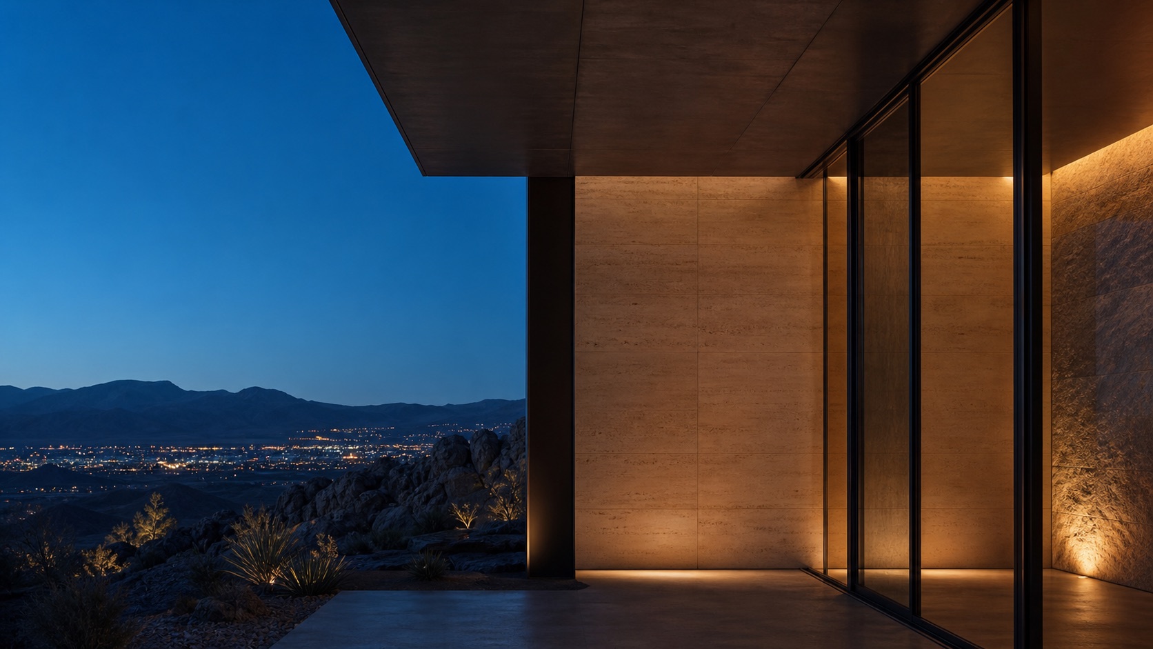Limestone and bronze architecture framing a Nevada valley at blue hour