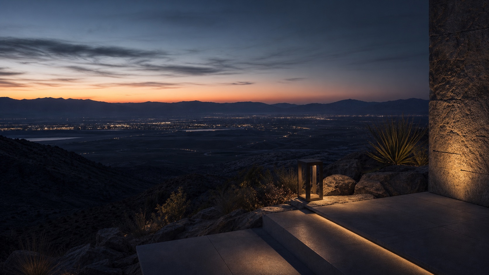 Quiet stone terrace overlooking a Nevada valley before sunrise